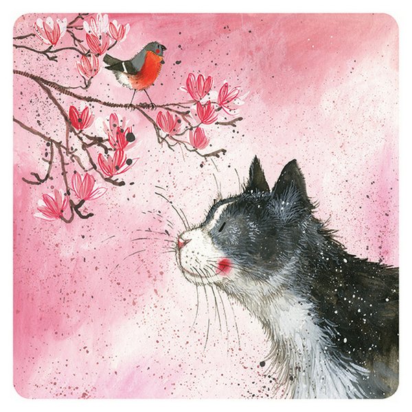 Alex Clark Art - Untersetzer rosa Katze und Vogel - Kork