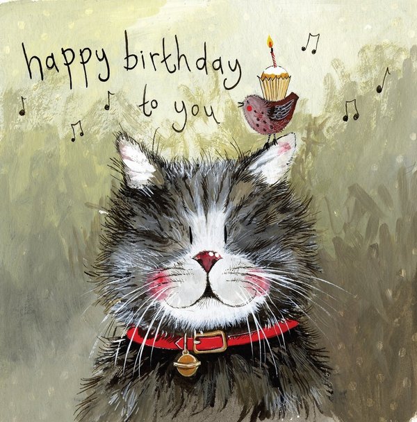Alex Clark Geburtstagskarte - Happy Birthday - Katze mit Vogel