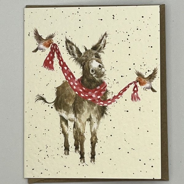Wrendale - Mini Weihnachtskarte - Esel mit Schal und Robin