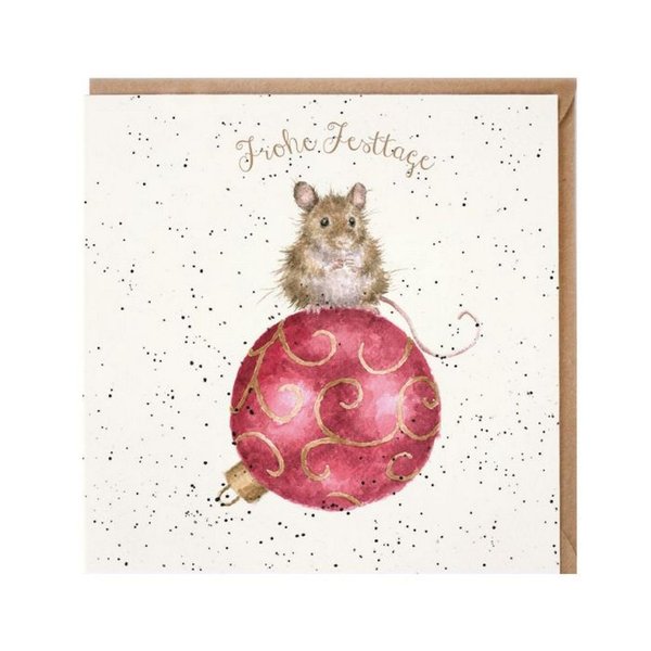 Wrendale - Weihnachtskarte - Maus auf Weihnachtskugel